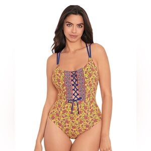 NWT Skinny Dippers Floral Lace-Up One-Piece Swimsuit Bumble Pattern Size XL